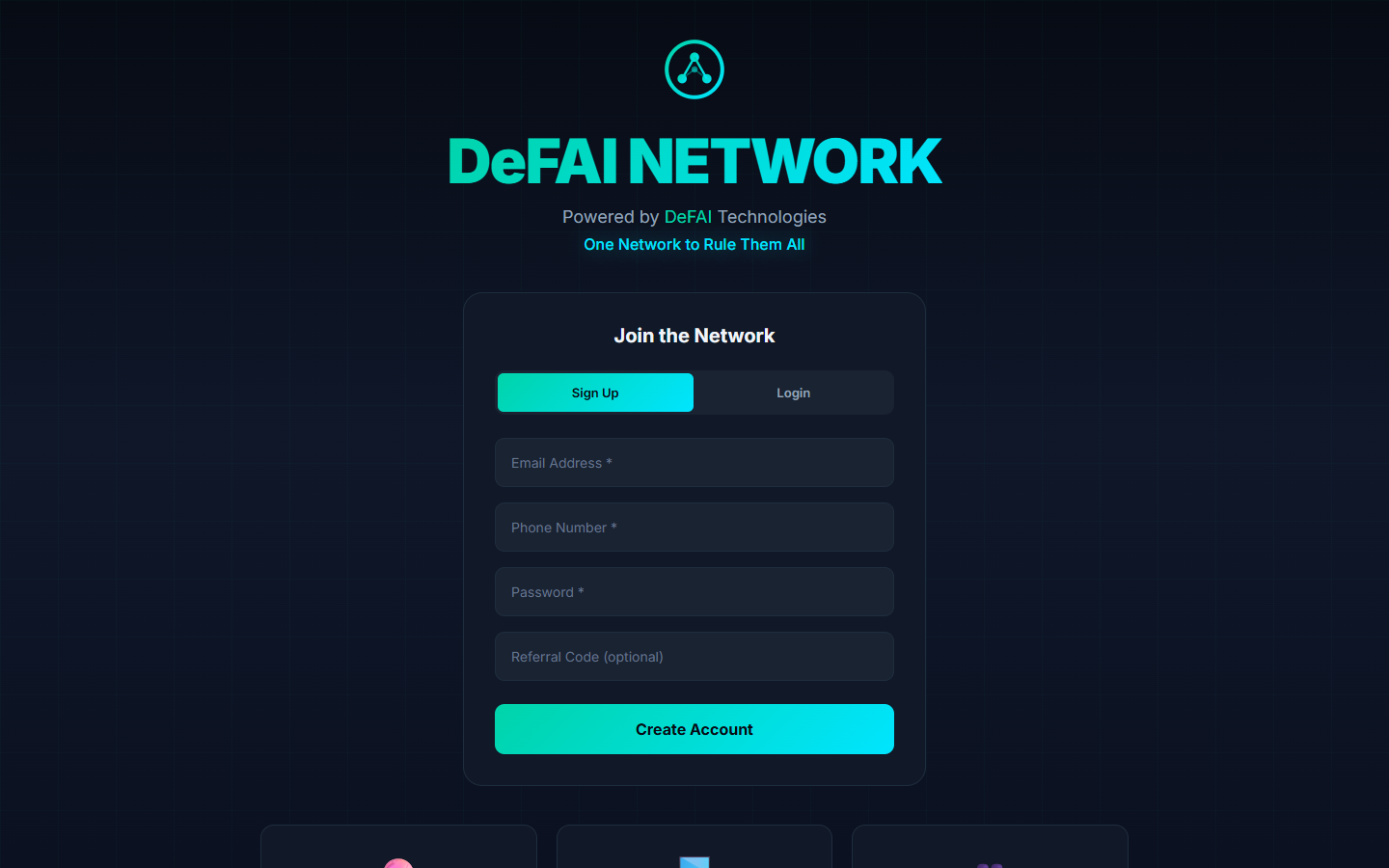 DeFAI Network dashboard showing portfolio overview, staking stats, and network metrics
